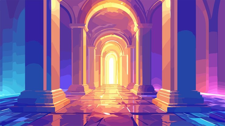 Vector futuristic neonlit corridor myst illustration