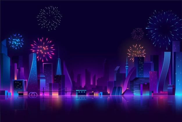 Vector futuristic night city background with buildings and fireworks