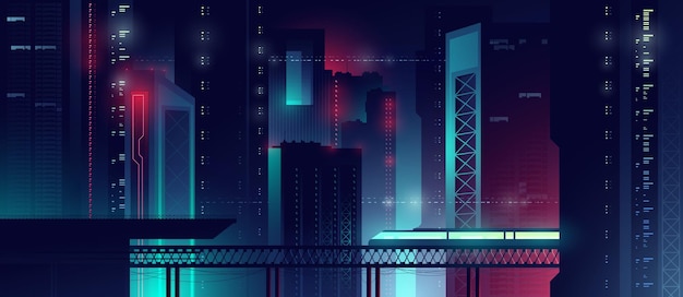 Futuristic night city cityscape on a colorful background with bright and glowing neon lights