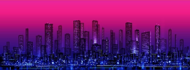 Futuristic night city cityscape on a dark background with bright and glowing neon purple and blue lights wide highway front view cyberpunk and retro wave style illustration