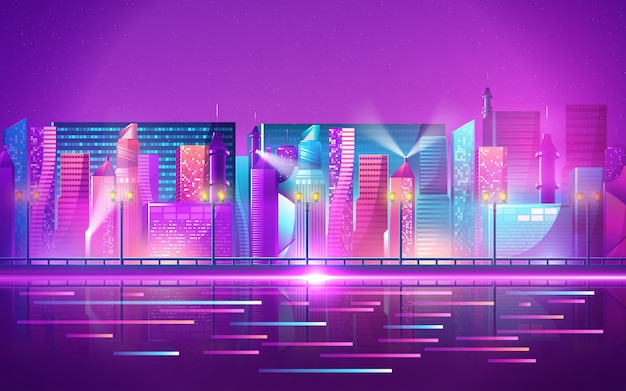 Città notte futuristica. paesaggio urbano su uno sfondo scuro con luci al neon viola e blu luminose e incandescente