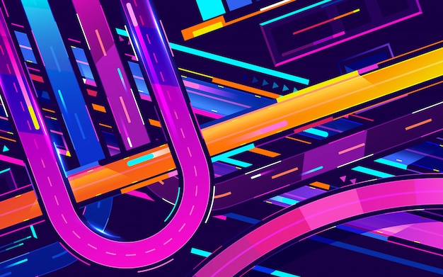 Vector futuristic night city. cityscape on a dark background with bright and glowing neon purple and blue lights