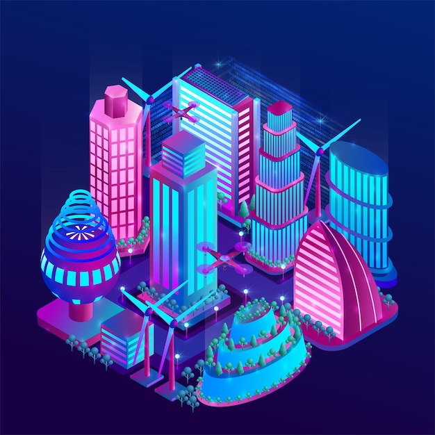 Vector futuristic night city illuminated by neon lights in isometric style.