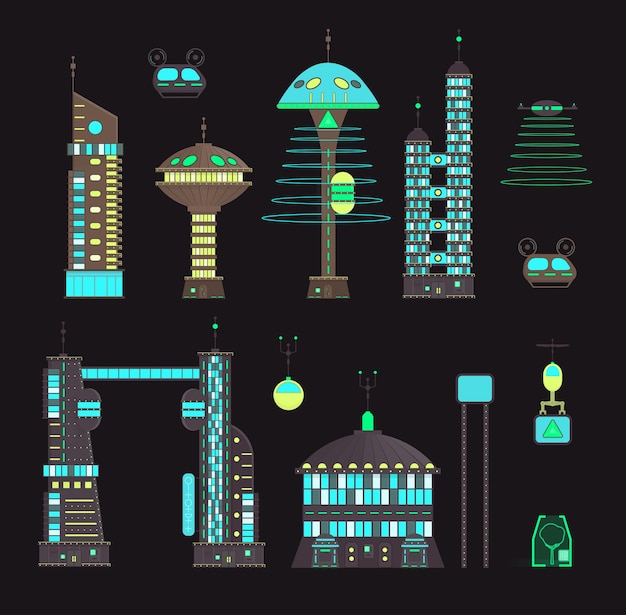 Vector futuristic  night city set in flat cartoon stylepanorama of a modern city with modern buildings and