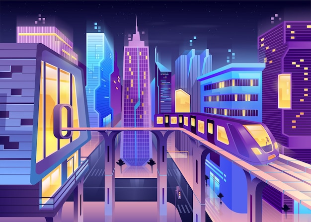 未来の夜の街の電車のイラスト プレミアムベクター