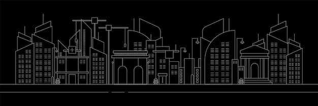 未来的な概要 都市のランドマークのシルエット スカイライン 都市風景 都市の車とパノラマ的な建物 背景のベクトルイラスト 黒い背景のフラットデザインスタイル