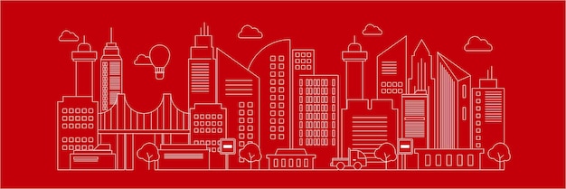 Vector futuristic outline urban landmark silhouette skyline cityscape with city car and panoramic buildings background vector illustration in flat design style on red background with white lines