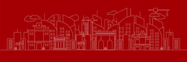 Vector futuristic outline urban landmark silhouette skyline cityscape with city car and panoramic buildings background vector illustration in flat design style on red background