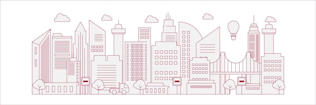 Vector futuristic outline urban landmark silhouette skyline cityscape with city car and panoramic buildings background vector illustration in flat design style on red lines