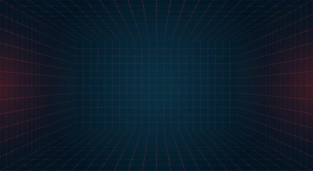 futuristic perspective hud grid box with abstract wireframe design red grid dotted lines on dark