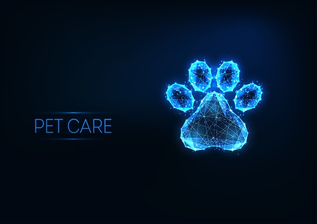 미래의 애완 동물 관리, 동물 병원, 진한 파란색 배경에 빛나는 낮은 다각형 동물 발로 서비스 로고 개념을 손질. 현대적인 와이어 프레임 메쉬