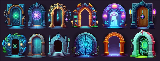 Vector futuristic portal to another world. cartoon portals mystery future transportation for game. magic