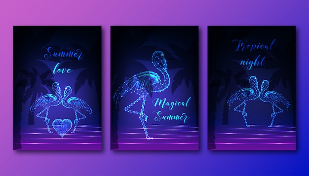 Futuristic posters set with couple of dancing flamingos