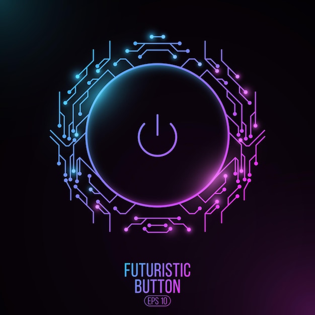 Futuristic power button with computer circuit board. hud interface elements. ui concept.