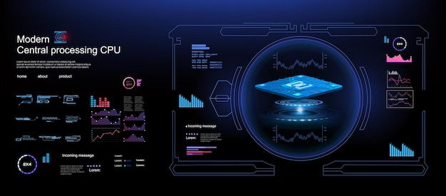 Futuristic processor Holographic cyber interface with powerful HUD style processor presentation Advanced computer technology Cyber banner