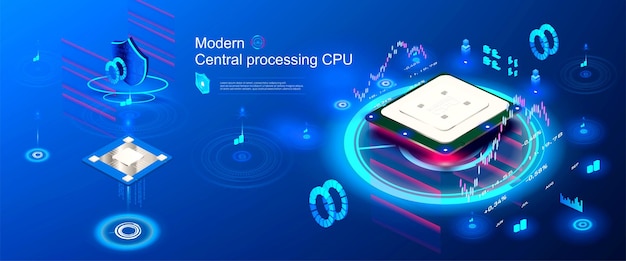 futuristic processor with neon holographic glowillumination isometric digital chip with server