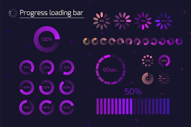 Futuristic progress loading bar icons. set of indicators. download process, web ui design interface upload. illustration.