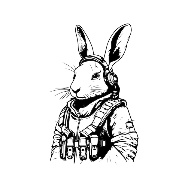 Futuristic rabbit soldier vintage logo line art concept black and white color hand drawn illustration
