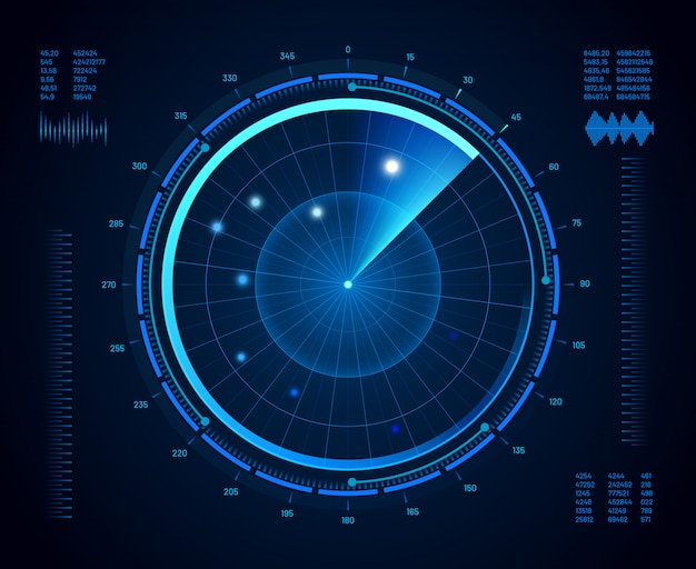 Radar futuristico. sonar di navigazione militare, schermo di monitoraggio del bersaglio dell'esercito e mappa dell'interfaccia di visione radar isolata