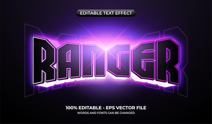 Vector futuristic ranger text effect 3d gamer graphic styles with neon light the realistic glowing effect