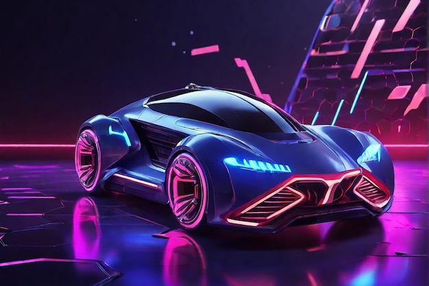 Auto futuristica retro wave synth wave auto sportiva retrò con contorni retroilluminati al neon