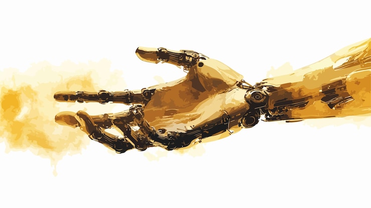 Vector futuristic robot hand surrounded by glowing golden particles and mystical smoke