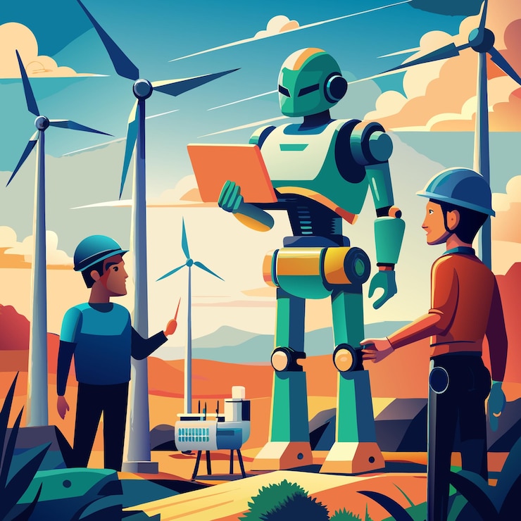 Vector a futuristic robot and human workers collaborate on a wind farm