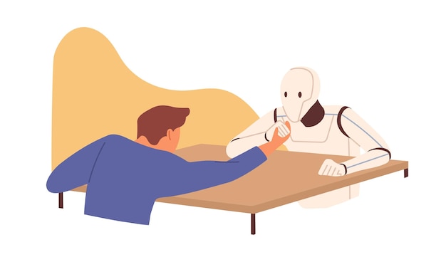 Futuristic robot vs human concept. Confrontation between person and AI. Man and artificial intelligence at arm wrestling competition. Colored flat vector illustration isolated on white background.