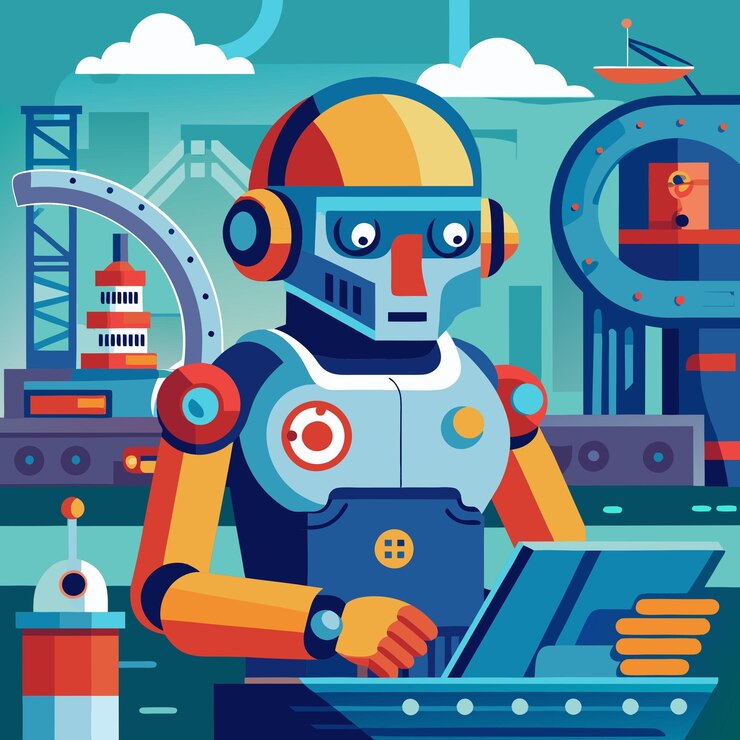 Vector a futuristic robot works on a high tech control panel