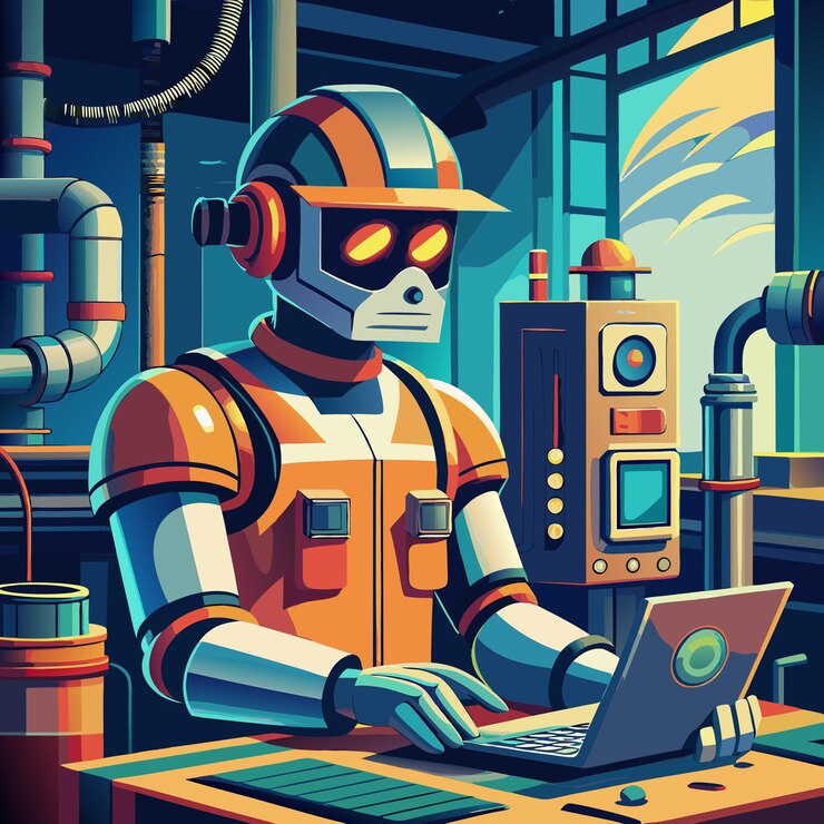 Vector a futuristic robot works on a laptop in a high tech factory