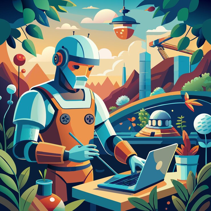 Vector a futuristic robot works on a laptop in a vibrant colorful landscape