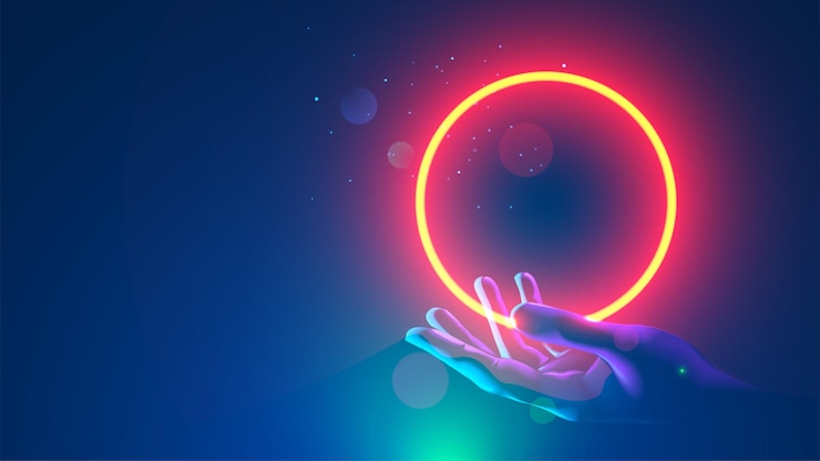 Vector futuristic round red neon frame over hand human abstract circle light hanging over palm of scientist template banner for technological presentation with place for logo future science background