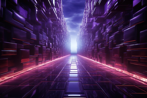 Вектор Футуристическая научная фантастика большая зала с розовыми и синими неоновыми огнями туннель абстрактный фон 3d-рендер