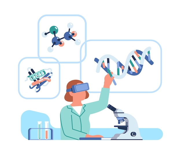 Futuristic scientist in VR headset Woman creates chemical compounds and structures in virtual reality Chemist researching molecules with digital glasses and microscope Vector concept