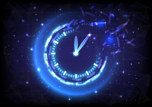 Futuristic SciFi glowing HUD clock fading Abstract time machine and polygon hitech background Data computer of headup display interface Virtual reality technology timer Deadline concept