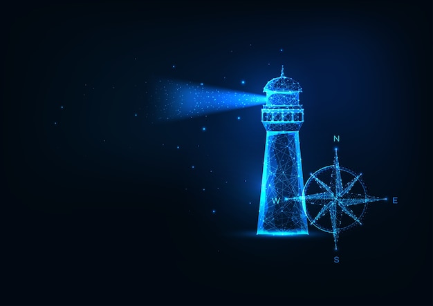 Futuristic sea adventure concept with glowing low polygonal lighting house and compass rose isolated on dark blue background. Modern wire frame mesh  .