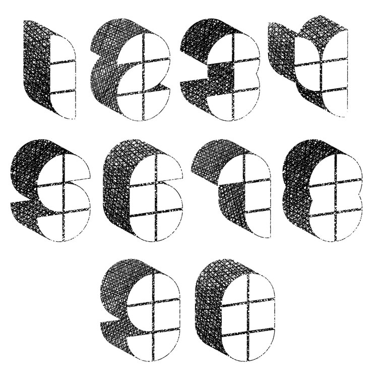 Vector futuristic shapes 3d numbers set with hand drawn lines texture
