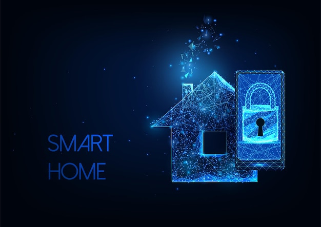 Futuristic smart home concept with glowing low polygonal smartphone, lock and residential house.