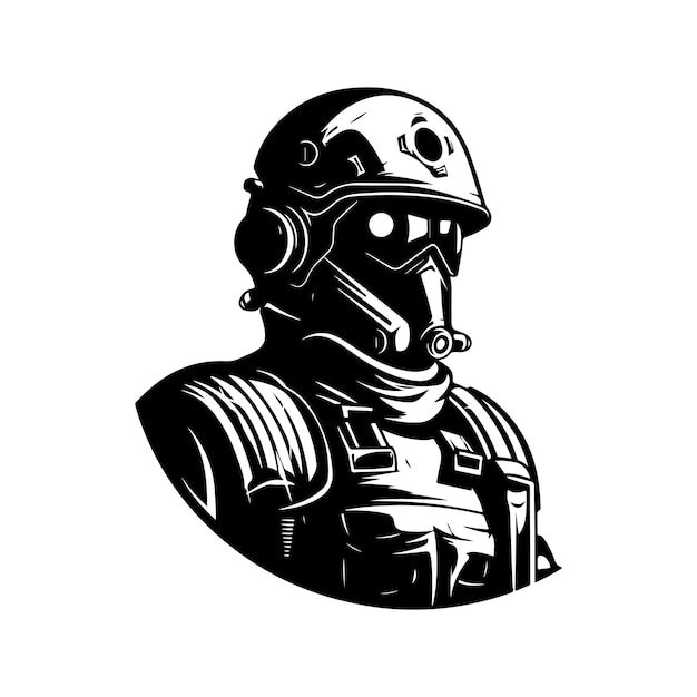 Vector futuristic soldier vintage logo line art concept black and white color hand drawn illustration