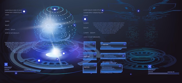 ベクトル 情報ポータルとバイオフィールドを備えた未来的な宇宙ユーザーインターフェースhudハイテク背景抽象的な背景上の仮想現実体積球のホログラフィックテレポート