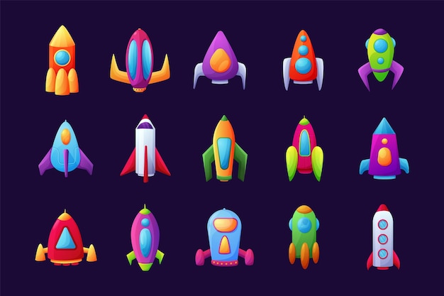 Futuristic spaceship Flying space rocket and shuttle with work engine Launch cosmic ship Spacecraft types Galactic traveling Isolated alien vehicle Vector graphic illustration set