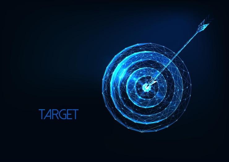 Vector futuristic success goal concept with glowing low polygonal target and arrow