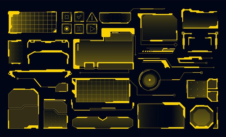 Vector futuristic tech hud interface elements digital control panels cyber ui frames digital buttons callout bar sci fi screens with grid patterns and dashboard message window frame vector set