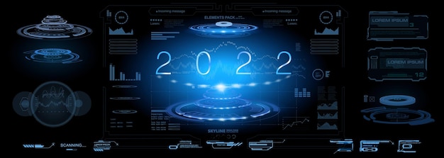 Vector futuristic techno background with holographic date big date 2022 with hologram and neon light portals user interface with hud gui ui elements holographic panel with hud elements