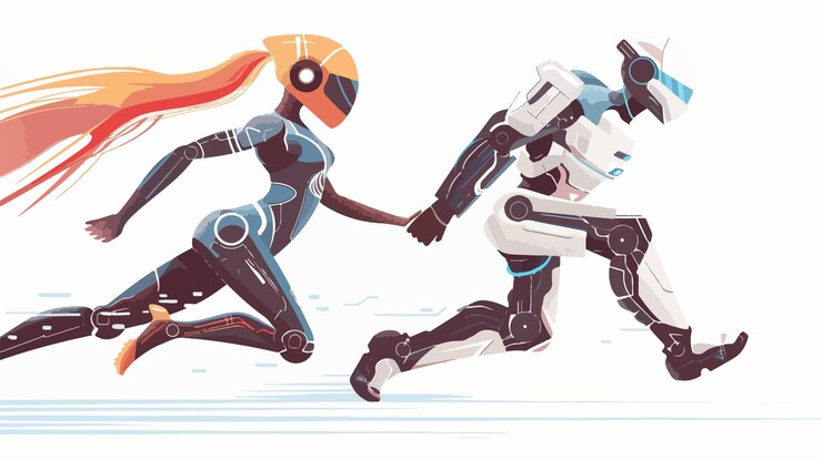 Vector futuristic thrilling robot and human race competition