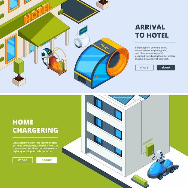 未来の輸送とロボット。未来の等尺性の低ポリ都市バナーテンプレート