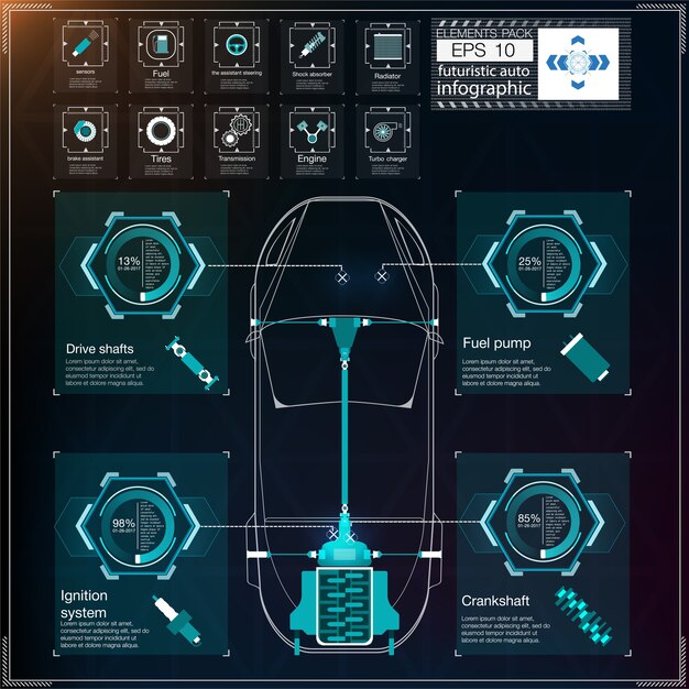 벡터 미래형 사용자 인터페이스. hud ui. 추상 가상 그래픽 터치 사용자 인터페이스. 자동차 인포 그래픽. 과학 개요. .