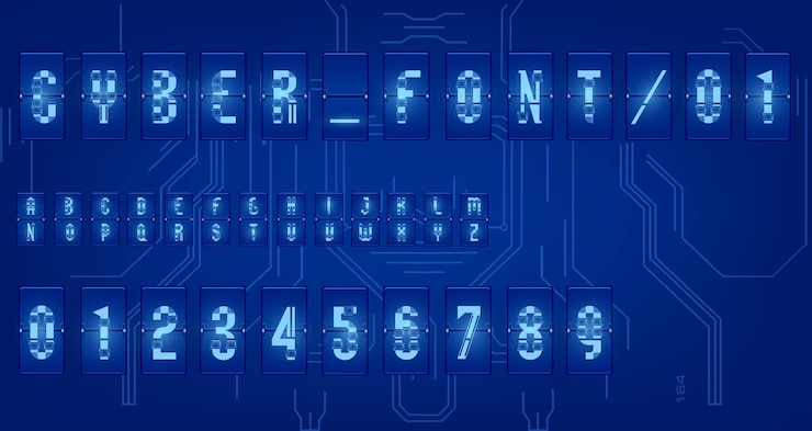 Vector futuristic vector font design letters and numbers for web and app techno font alphabet digital hitech symbols for hud interface and cyberspace set of numbers and symbols for lamp o'clock