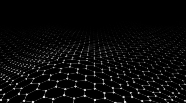 Onda esagonale vettoriale futuristico cyberspazio oscuro onda astratta con punti e linea particelle in movimento bianche sullo sfondo