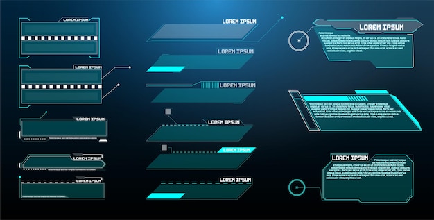 Футуристический векторный дизайн экрана интерфейса HUD. Заголовки цифровых выносок. HUD UI GUI футуристический набор элементов экрана пользовательского интерфейса. Высокотехнологичный экран для видеоигр. Научно-фантастический концептуальный дизайн.